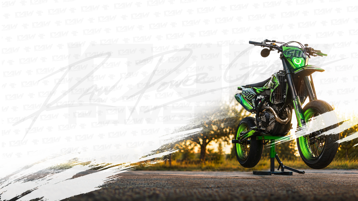Custom Raw Power graphics kit on a supermoto