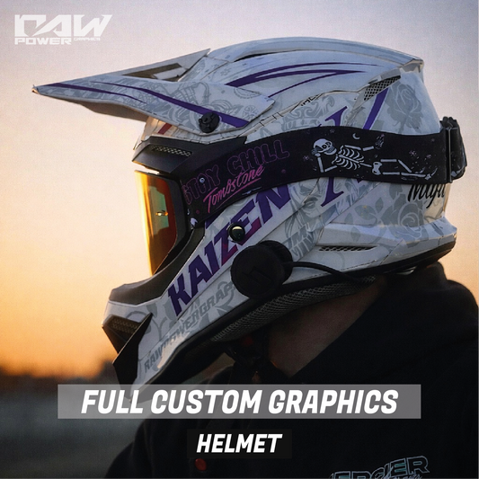 Motorcycle helmet with custom graphics and 'Raw Power' branding against a sunset background